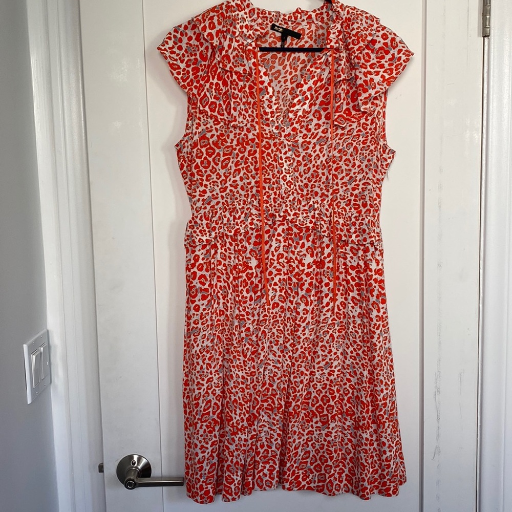 Maje orange printed Sleeveless mini ruffled dress with ties at neck Sz 2/medium